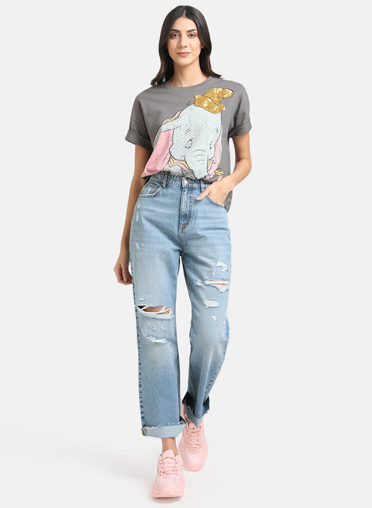 Dumbo Disney Printed Grey T-Shirt With Sequin Work
