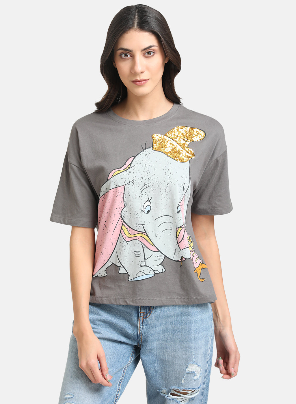 Dumbo Disney Printed Grey T-Shirt With Sequin Work