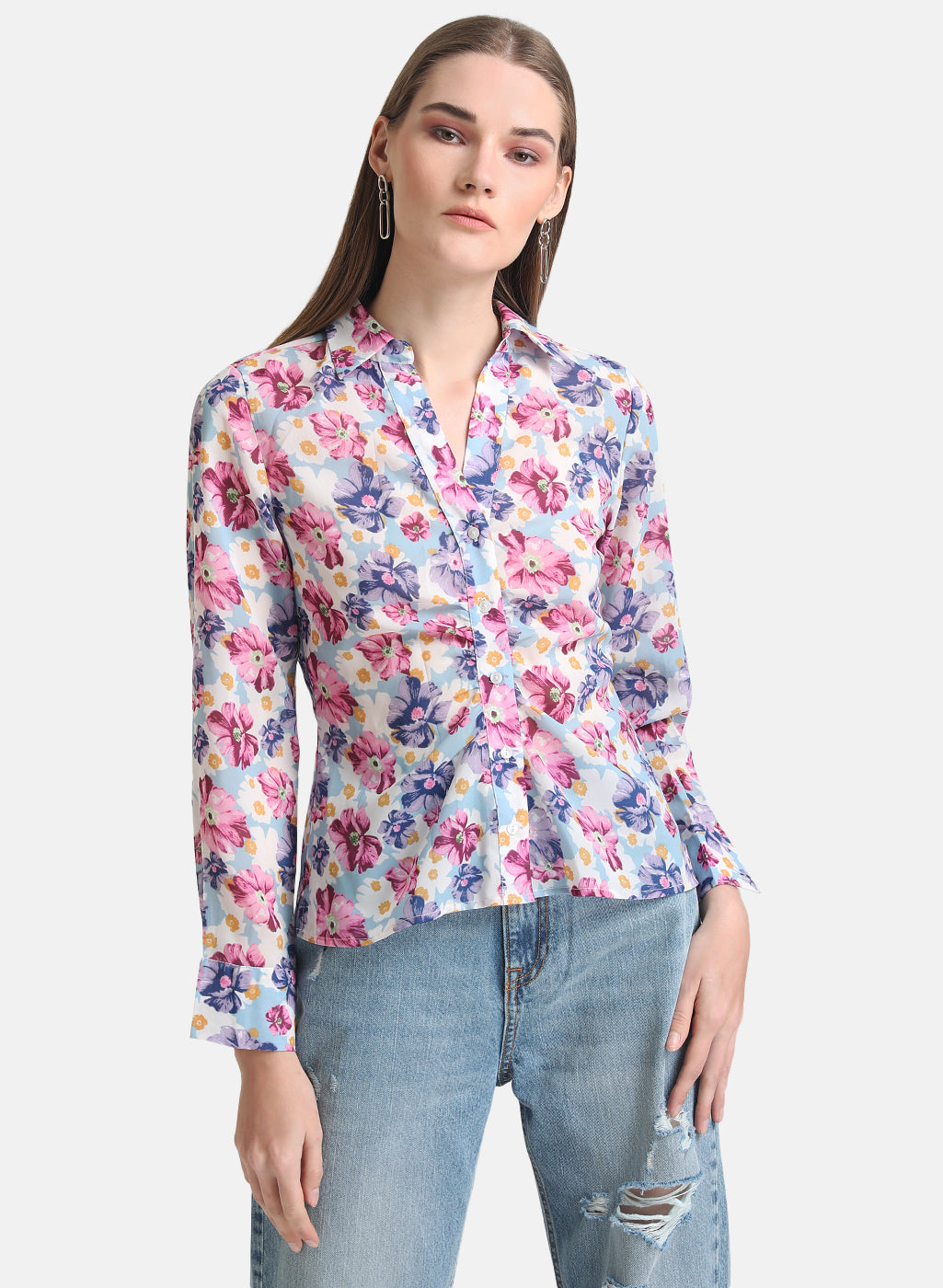 Floral Printed Shirt With Ruching